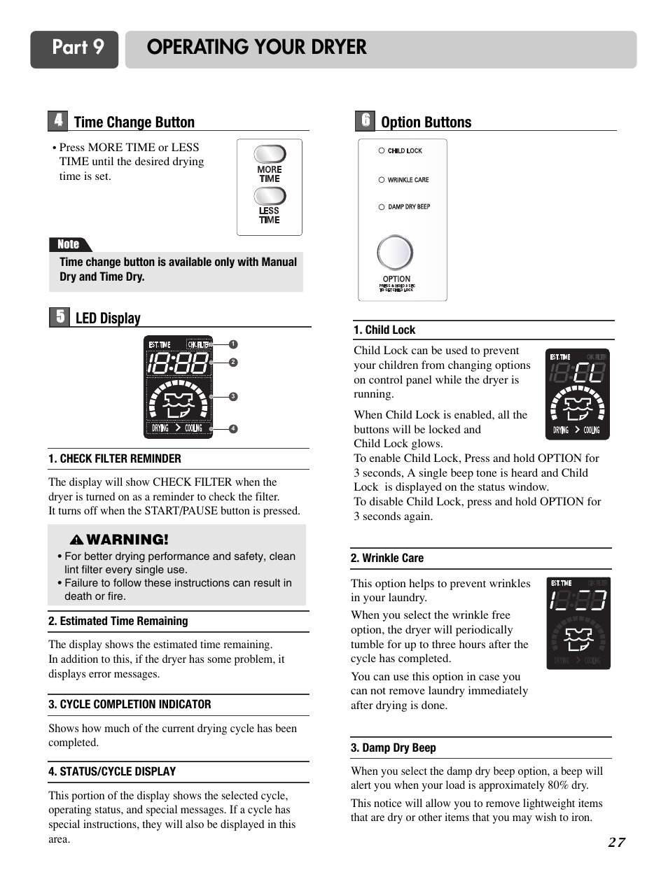 Part 9 operating your dryer, 4time change button, 5led display 6 6 option buttons | LG DLG3744S User Manual | Page 27 / 68