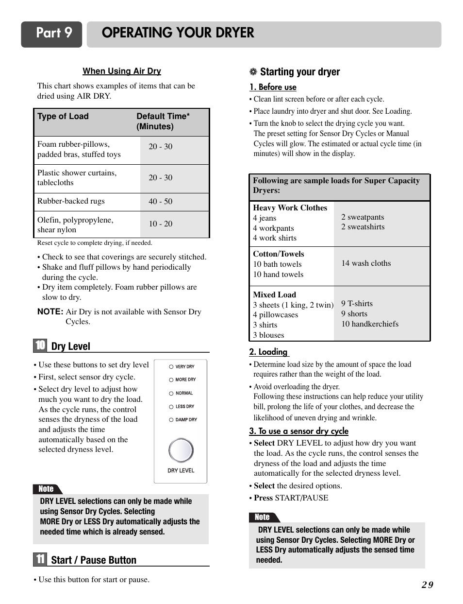 Part 9 operating your dryer | LG DLG3744S User Manual | Page 29 / 68