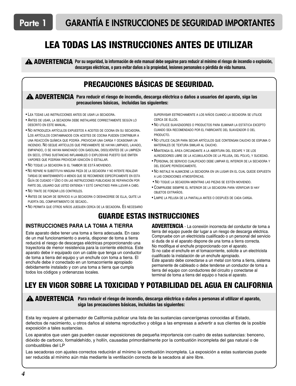 Lea todas las instrucciones antes de utilizar, Precauciones básicas de seguridad, Guarde estas instrucciones | Advertencia, Instrucciones para la toma a tierra | LG DLG3744S User Manual | Page 38 / 68