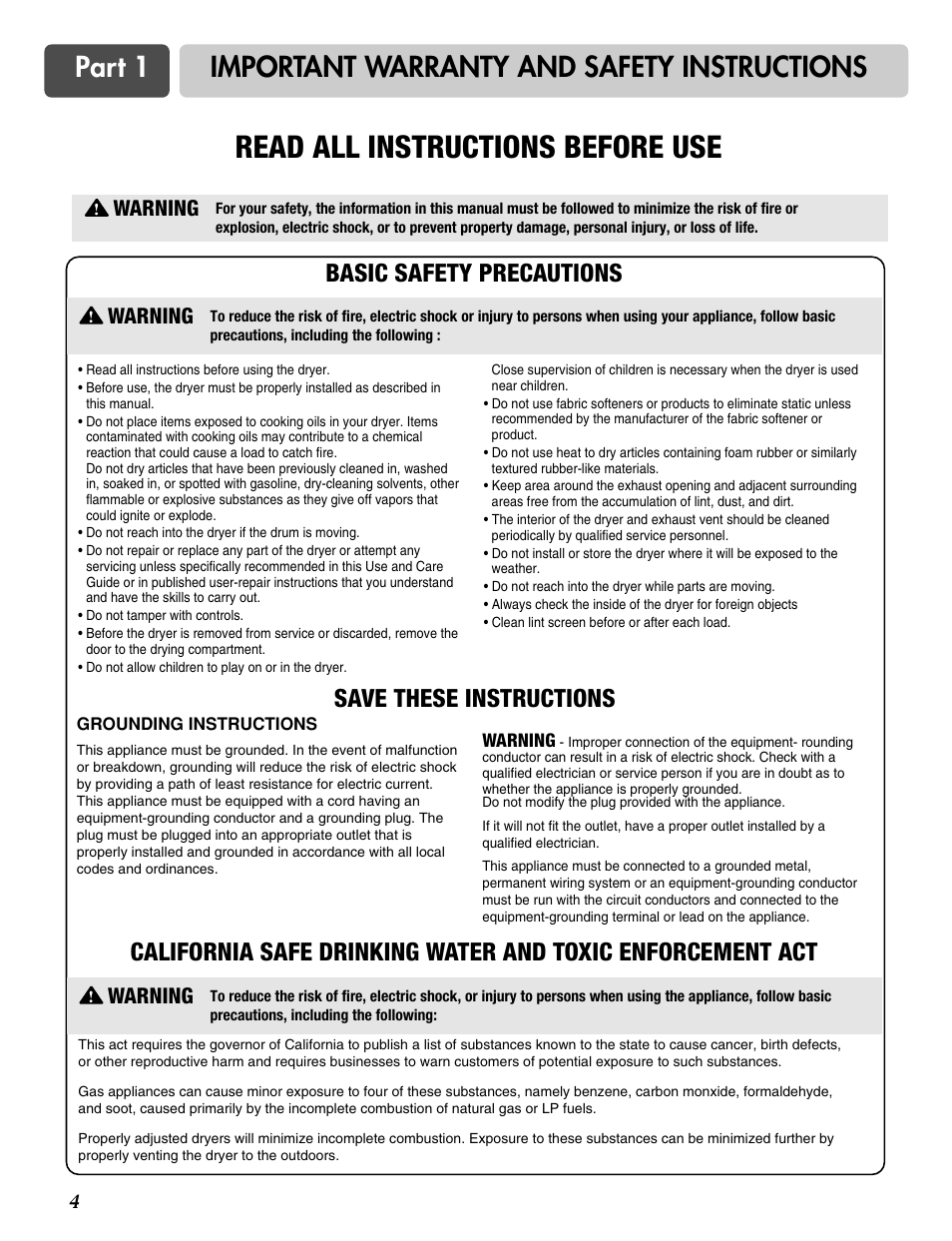 Read all instructions before use, Part 1 important warranty and safety instructions, Basic safety precautions | Save these instructions, Warning | LG DLG3744S User Manual | Page 4 / 68