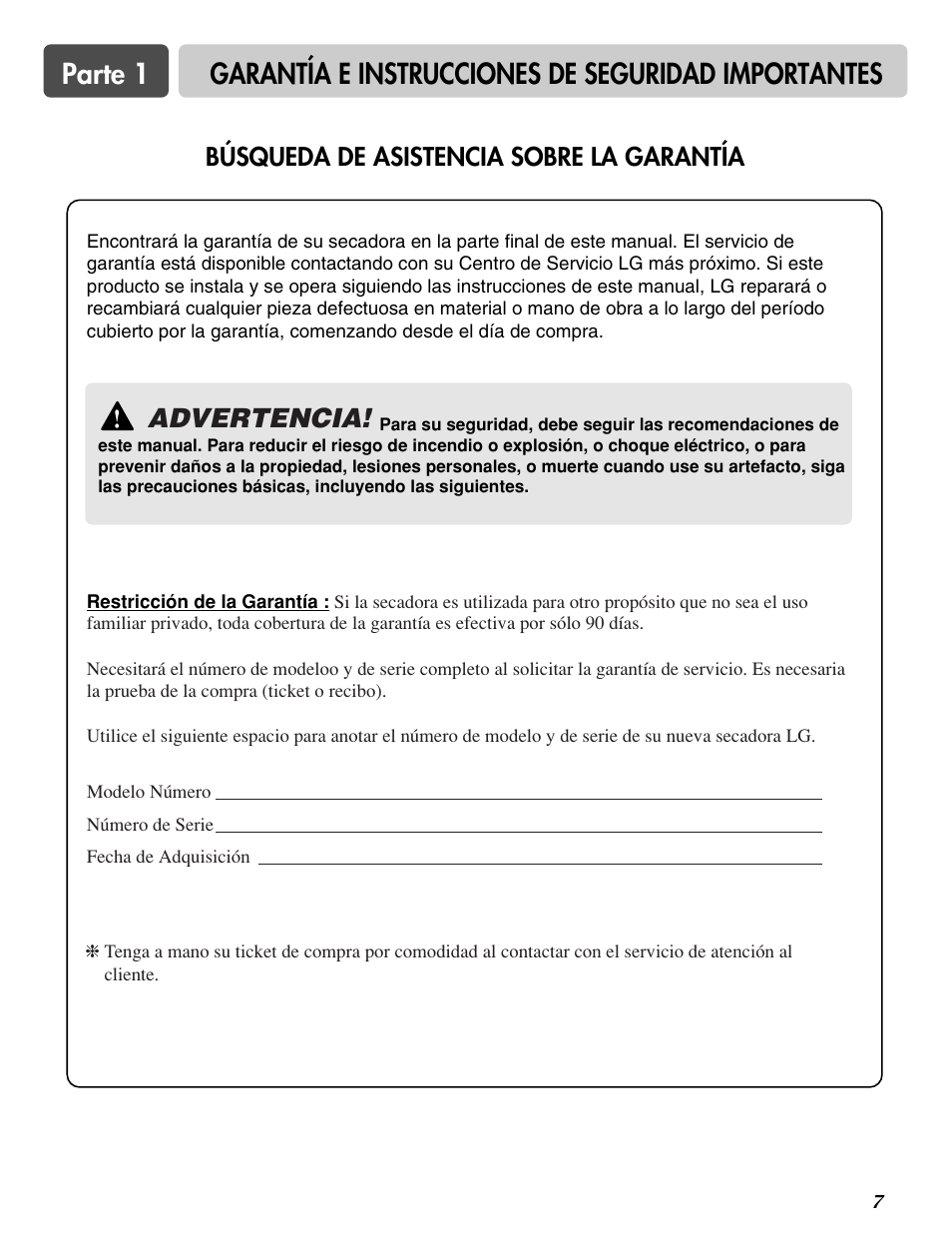 Advertencia, Búsqueda de asistencia sobre la garantía | LG DLG3744S User Manual | Page 41 / 68