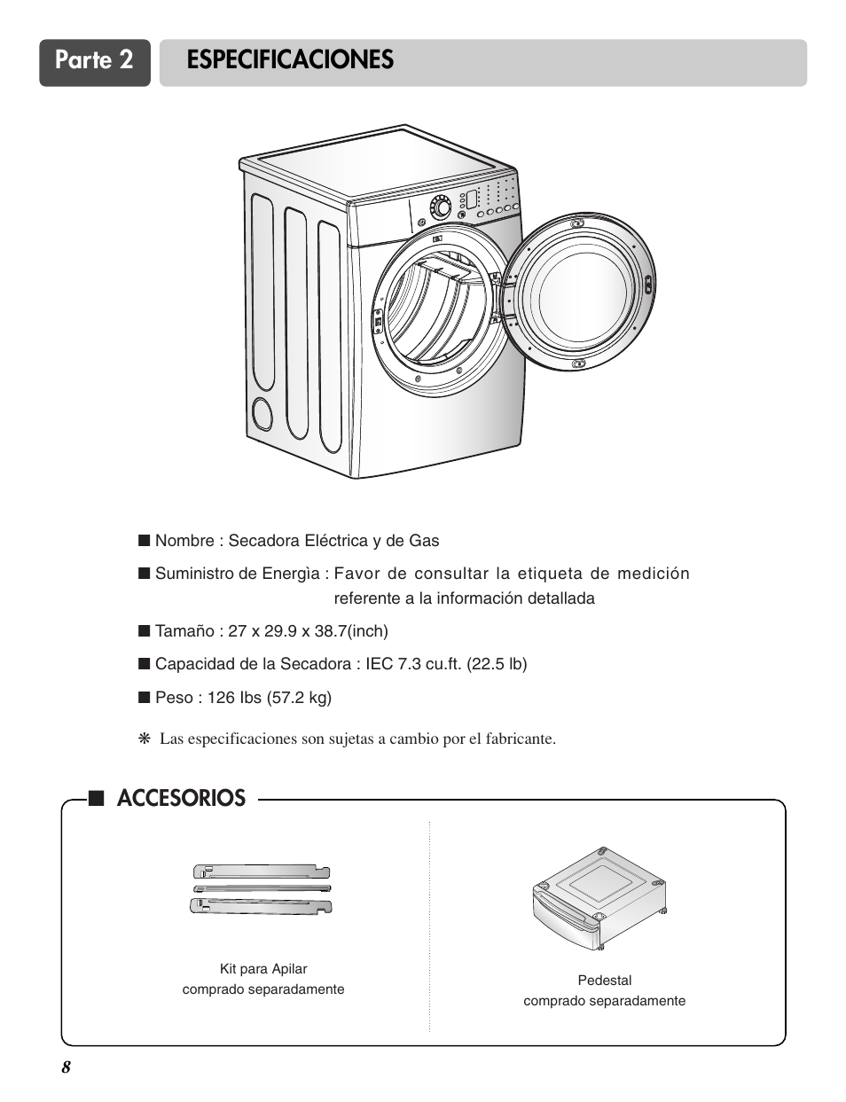 Parte 2 especificaciones, Accesorios | LG DLG3744S User Manual | Page 42 / 68