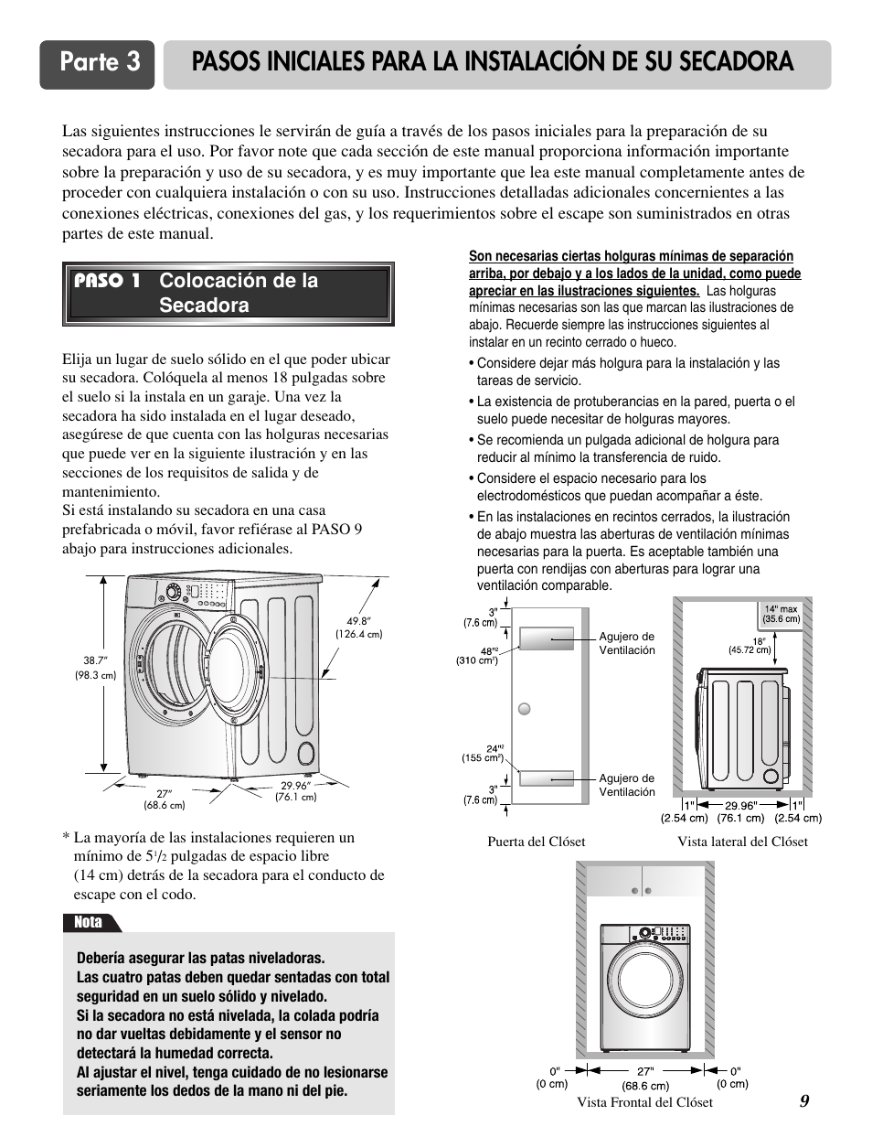 Paso 1 colocación de la secadora | LG DLG3744S User Manual | Page 43 / 68