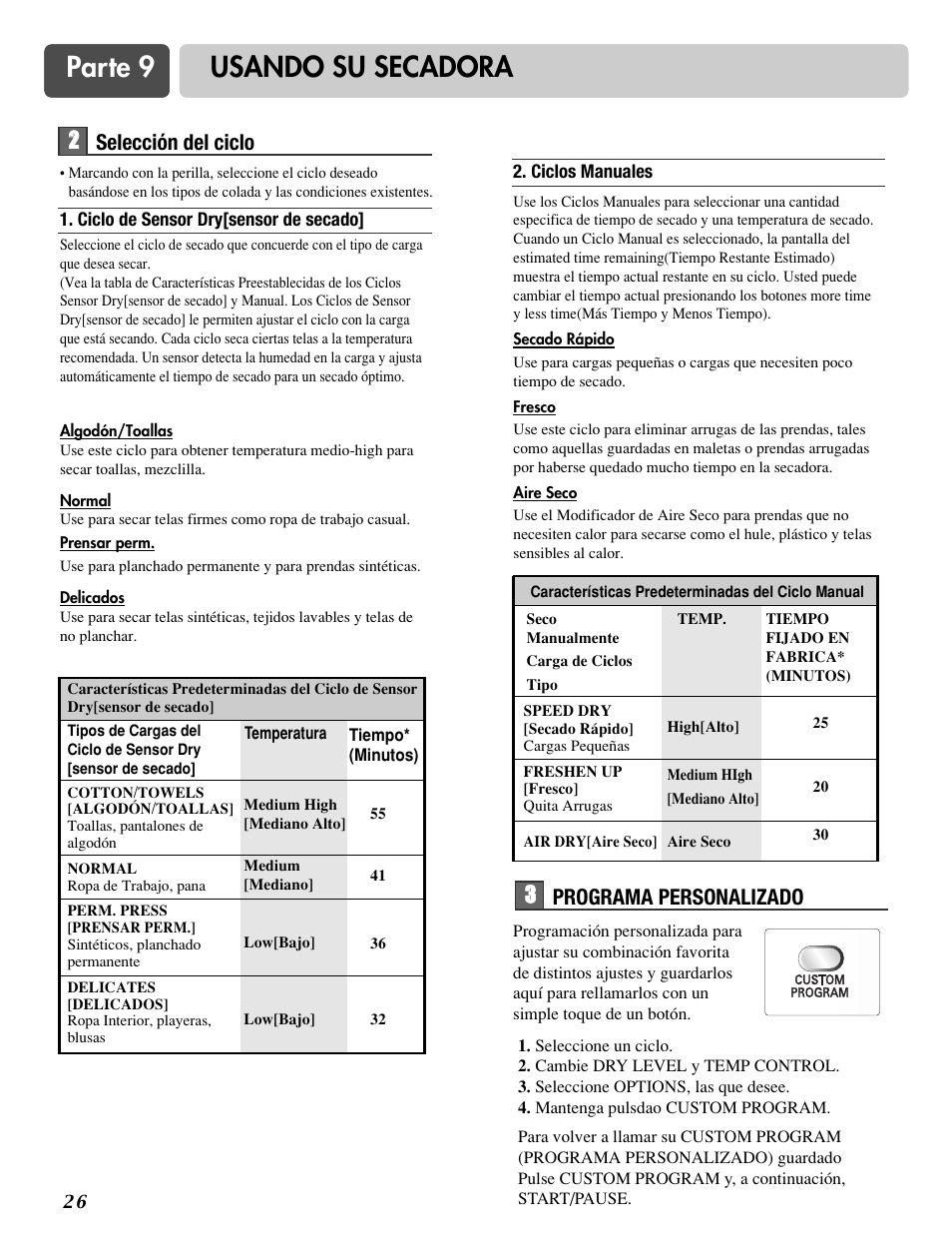 Parte 9 usando su secadora, 2selección del ciclo, 3programa personalizado | LG DLG3744S User Manual | Page 60 / 68