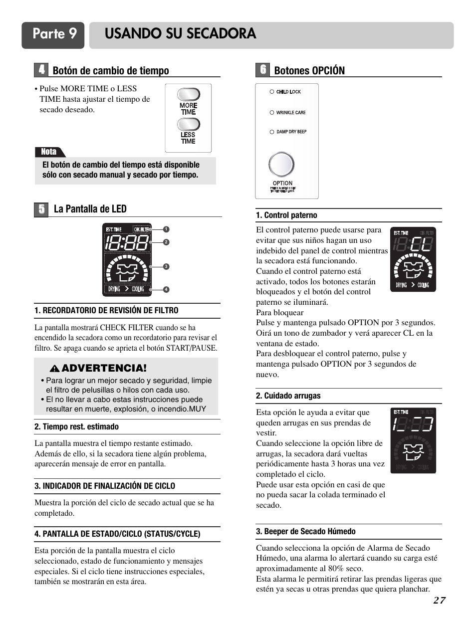 Parte 9 usando su secadora | LG DLG3744S User Manual | Page 61 / 68