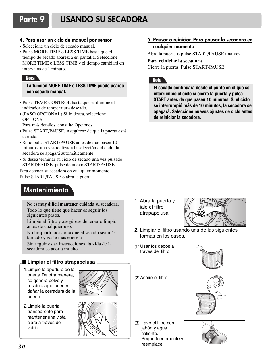 Parte 9 usando su secadora, Mantenimiento | LG DLG3744S User Manual | Page 64 / 68
