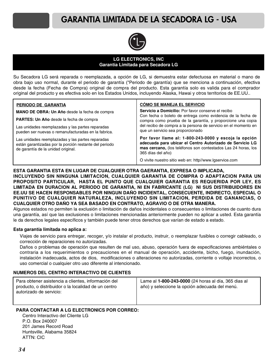 Garantia limitada de la secadora lg - usa | LG DLG3744S User Manual | Page 68 / 68