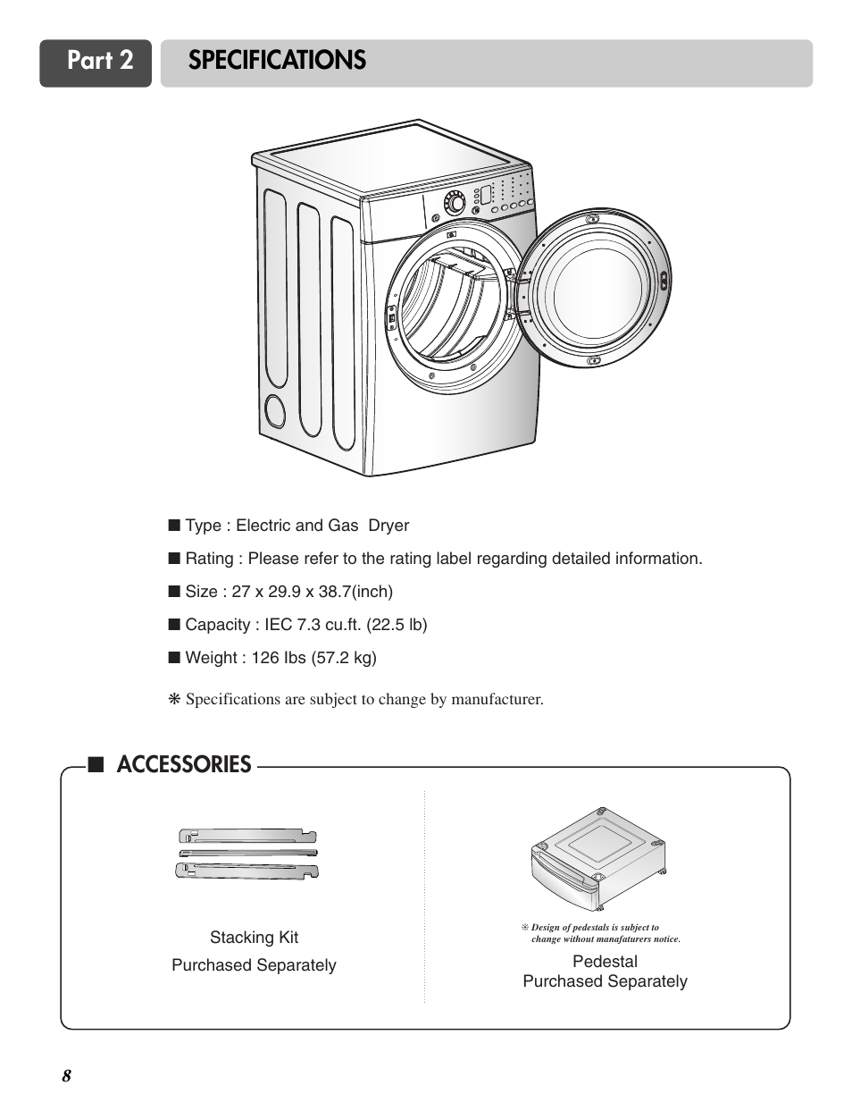 Part 2 specifications, Accessories | LG DLG3744S User Manual | Page 8 / 68