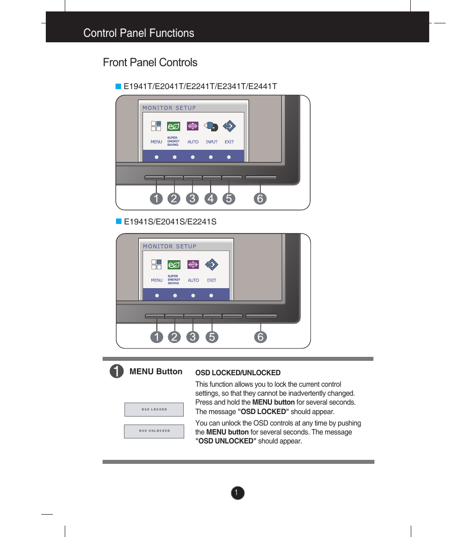 Control panel functions front panel controls | LG E2041T-BN User Manual | Page 11 / 35