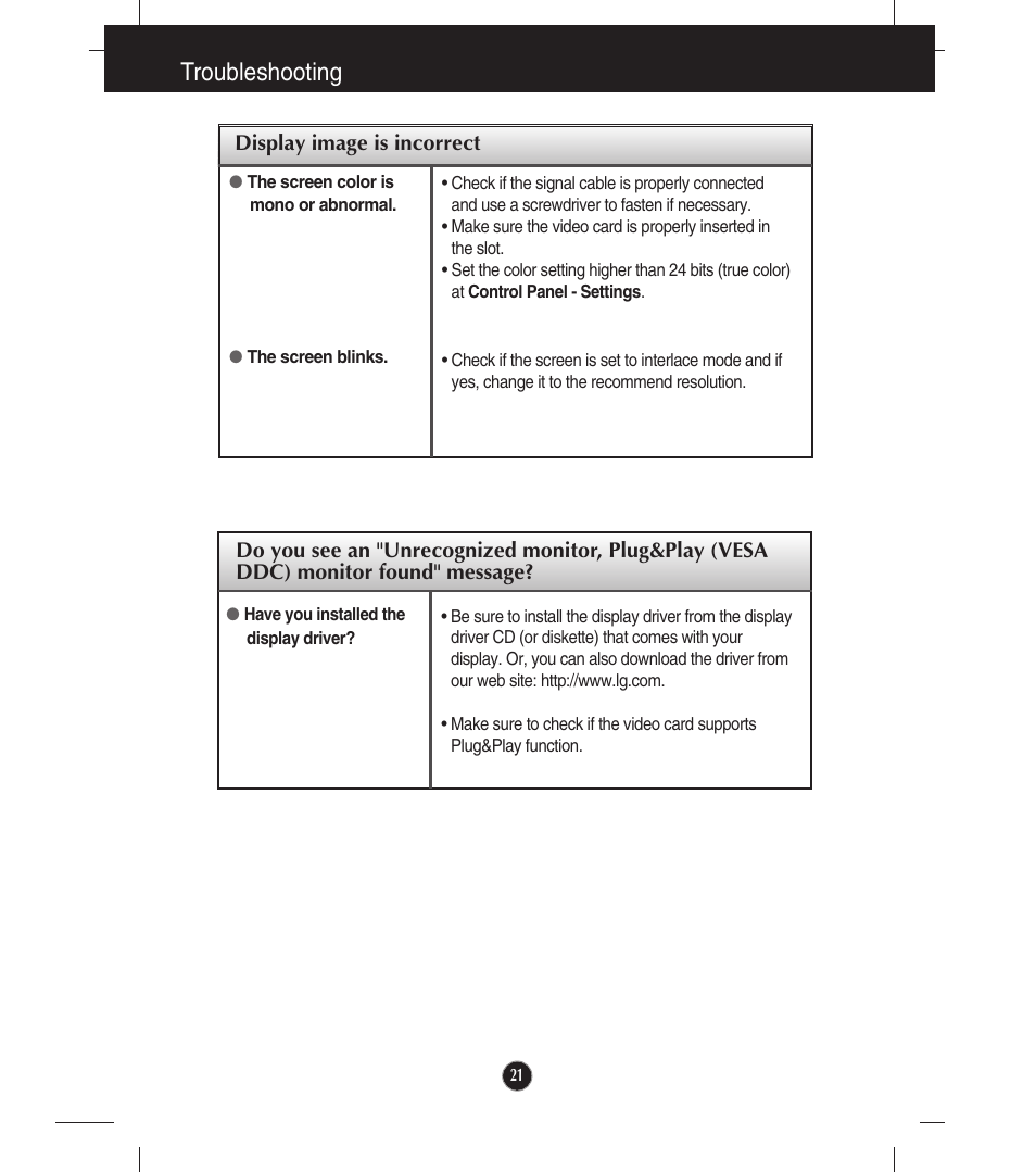 Troubleshooting | LG E2041T-BN User Manual | Page 22 / 35