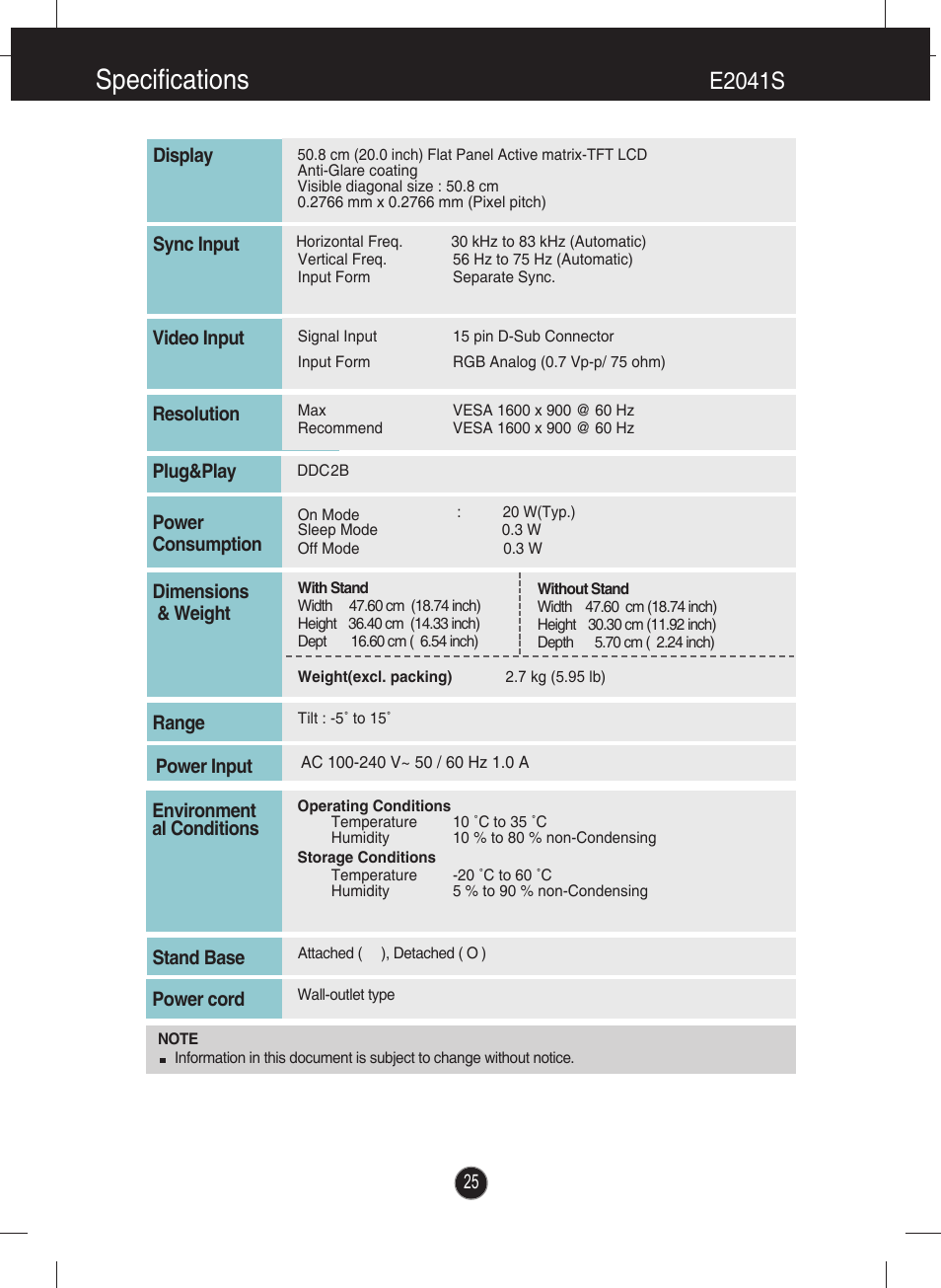 Specifications, E2041s | LG E2041T-BN User Manual | Page 26 / 35