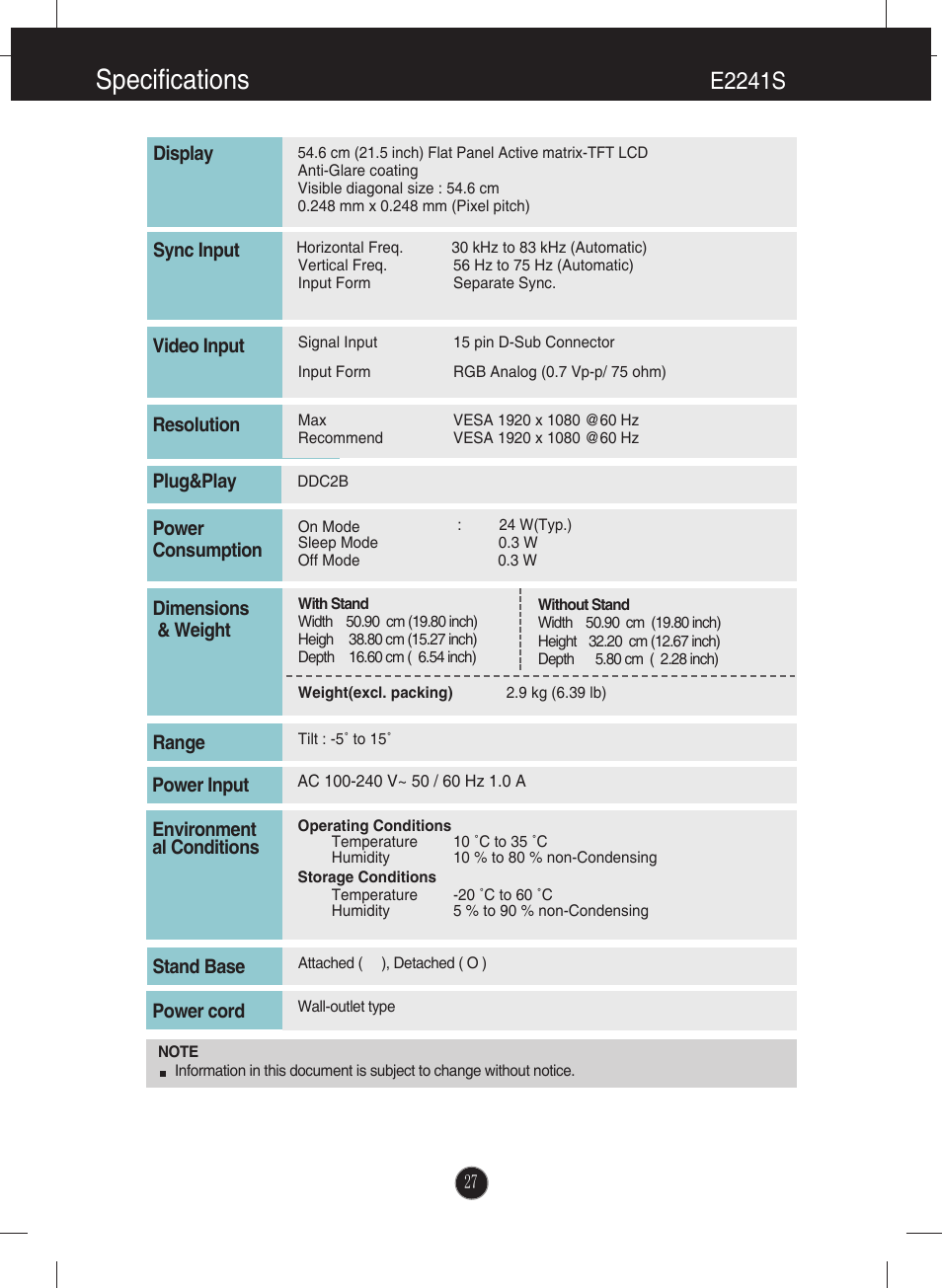 Specifications, E2241s | LG E2041T-BN User Manual | Page 28 / 35