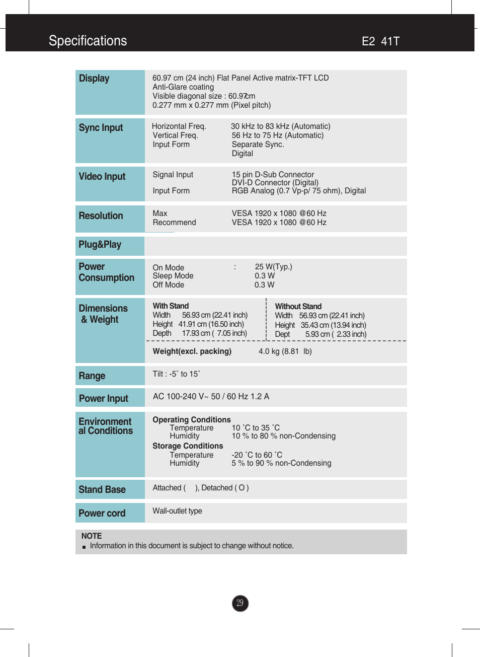 Specifications, E2441t | LG E2041T-BN User Manual | Page 30 / 35