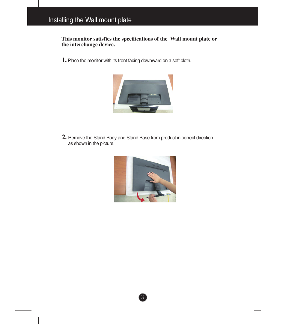 Installing the wall mount plate | LG E2041T-BN User Manual | Page 33 / 35