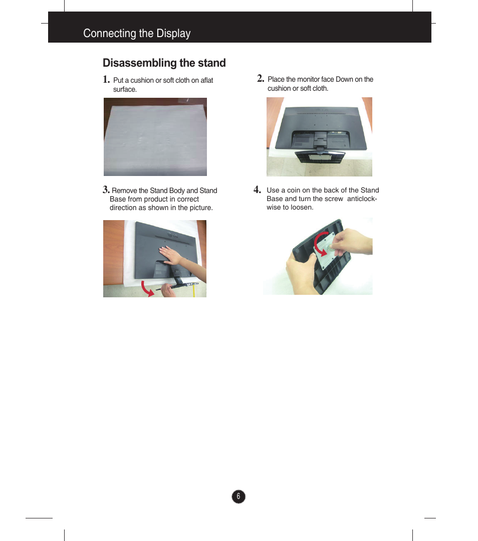 Connecting the display disassembling the stand | LG E2041T-BN User Manual | Page 7 / 35