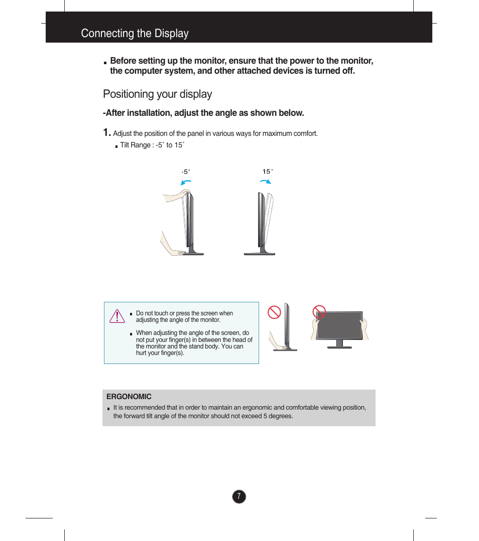 Connecting the display, Positioning your display | LG E2041T-BN User Manual | Page 8 / 35