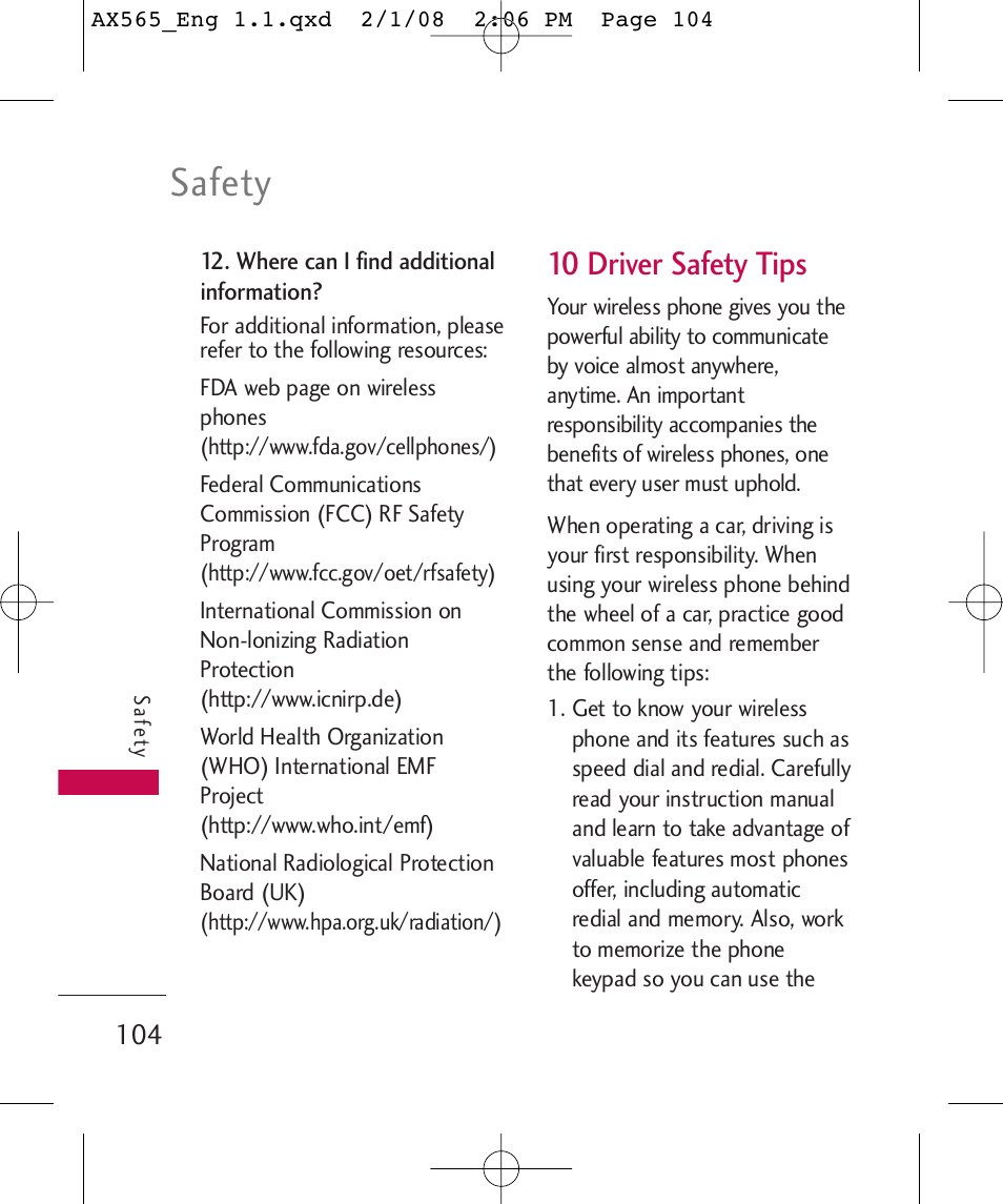 Safety, 10 driver safety tips | LG LGAX565 User Manual | Page 104 / 121