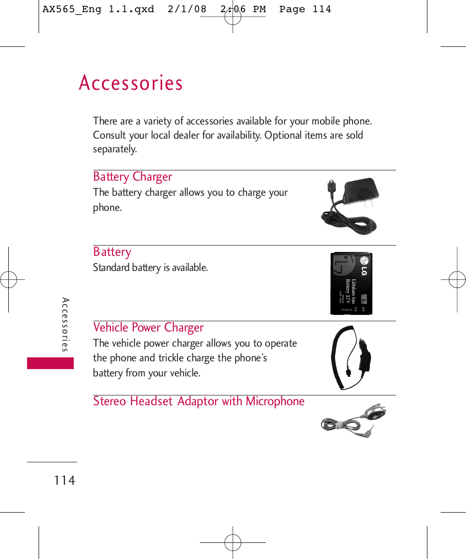 Accessories | LG LGAX565 User Manual | Page 114 / 121