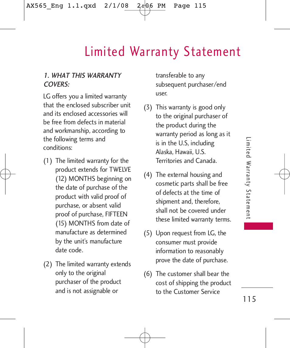 Limited warranty statement | LG LGAX565 User Manual | Page 115 / 121