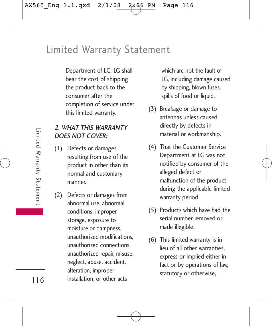 Limited warranty statement | LG LGAX565 User Manual | Page 116 / 121