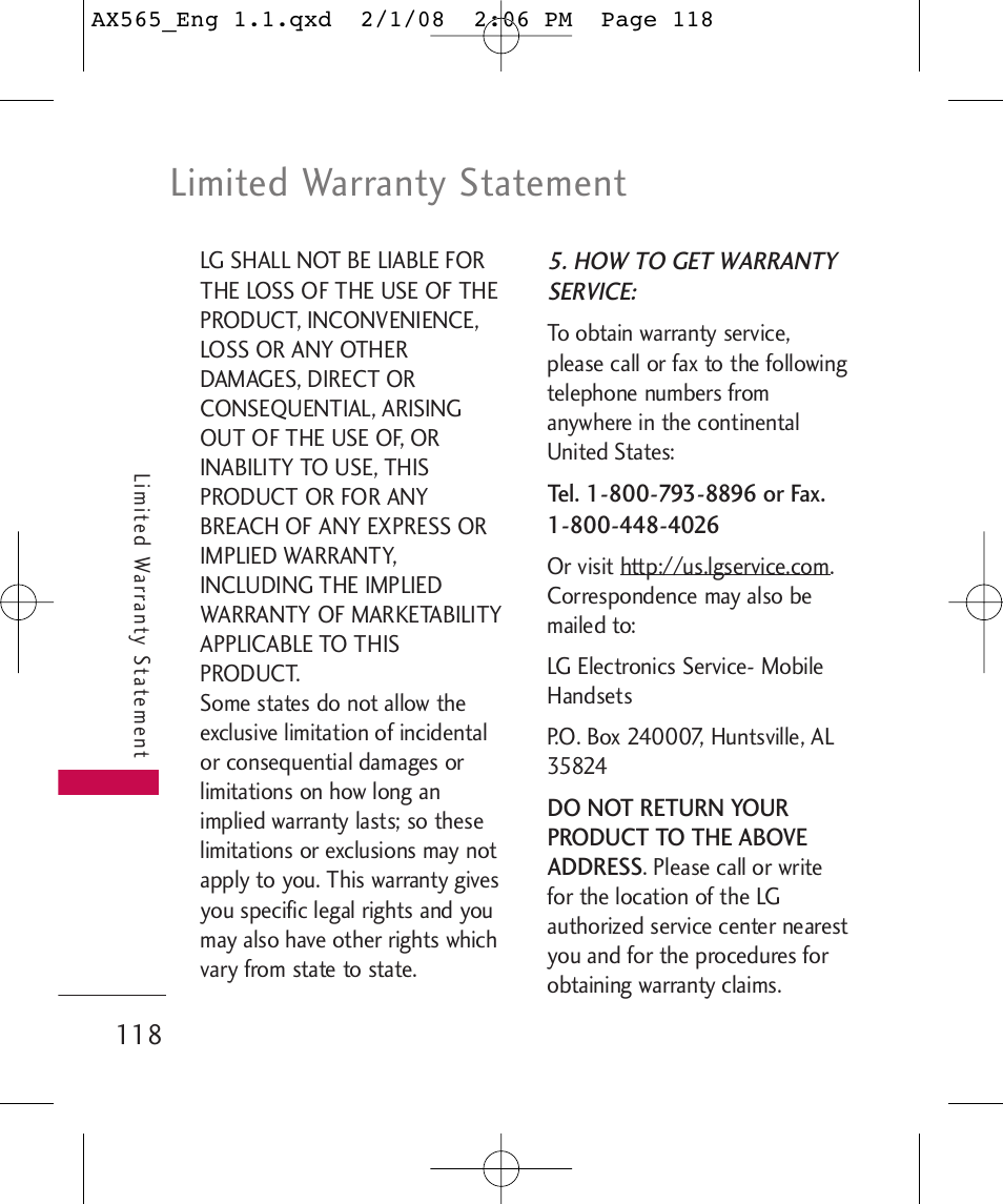 Limited warranty statement | LG LGAX565 User Manual | Page 118 / 121