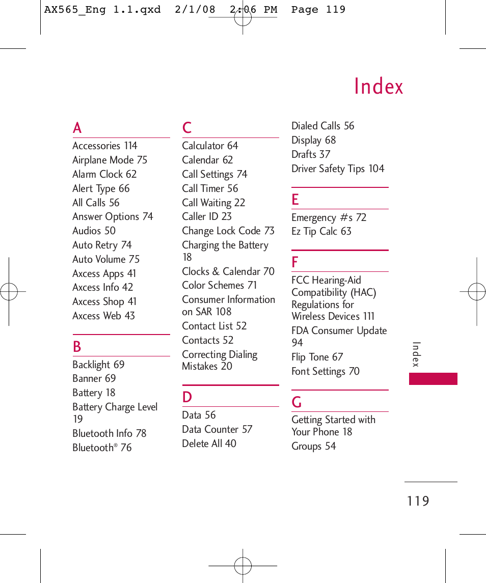 Index | LG LGAX565 User Manual | Page 119 / 121