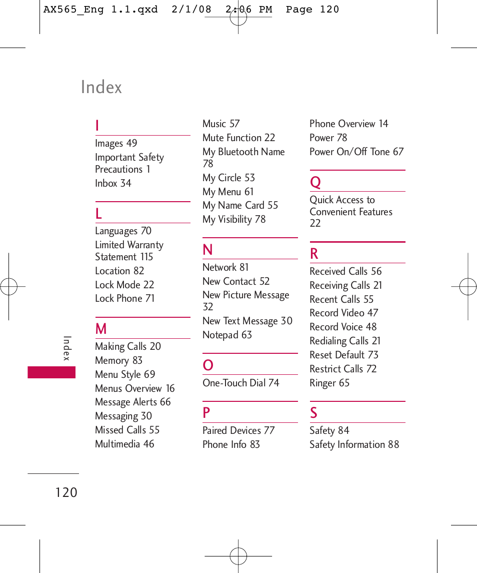 Index | LG LGAX565 User Manual | Page 120 / 121