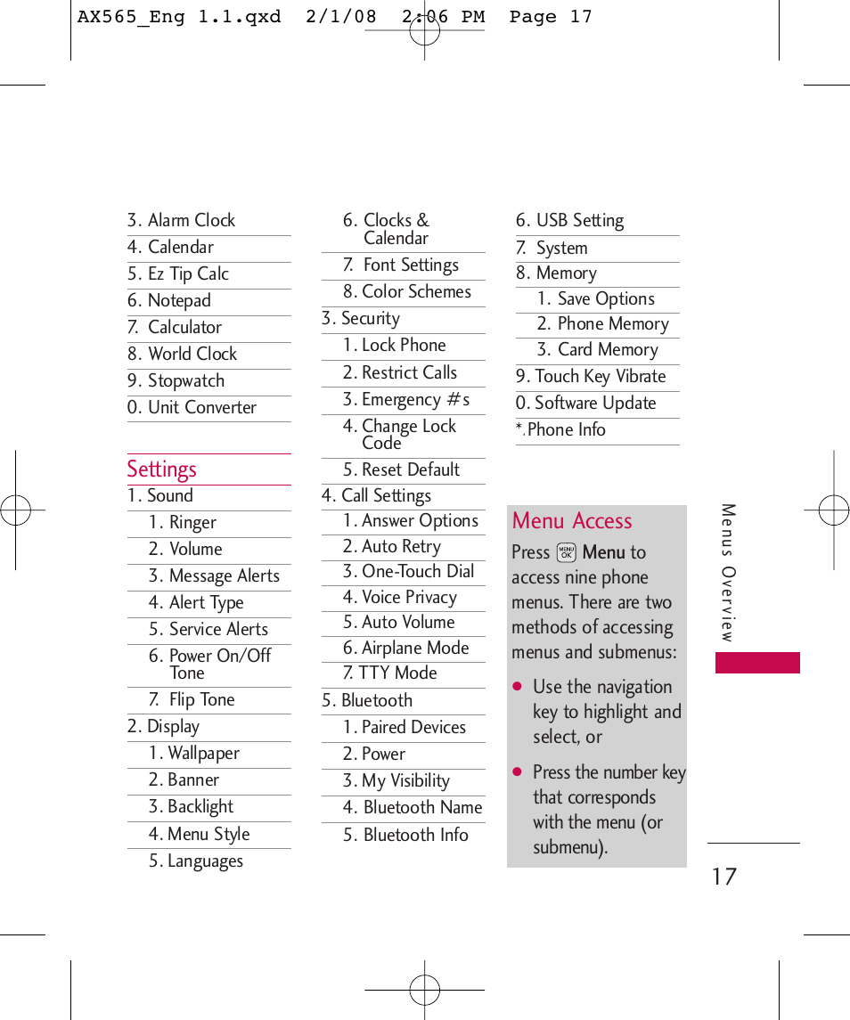 Settings, Menu access | LG LGAX565 User Manual | Page 17 / 121