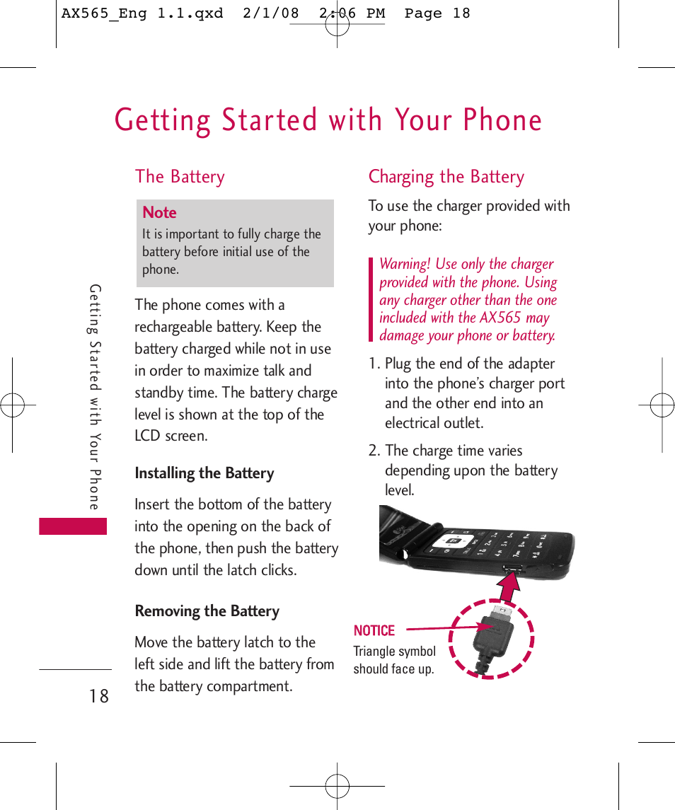 Getting started with your phone, The battery, Charging the battery | LG LGAX565 User Manual | Page 18 / 121