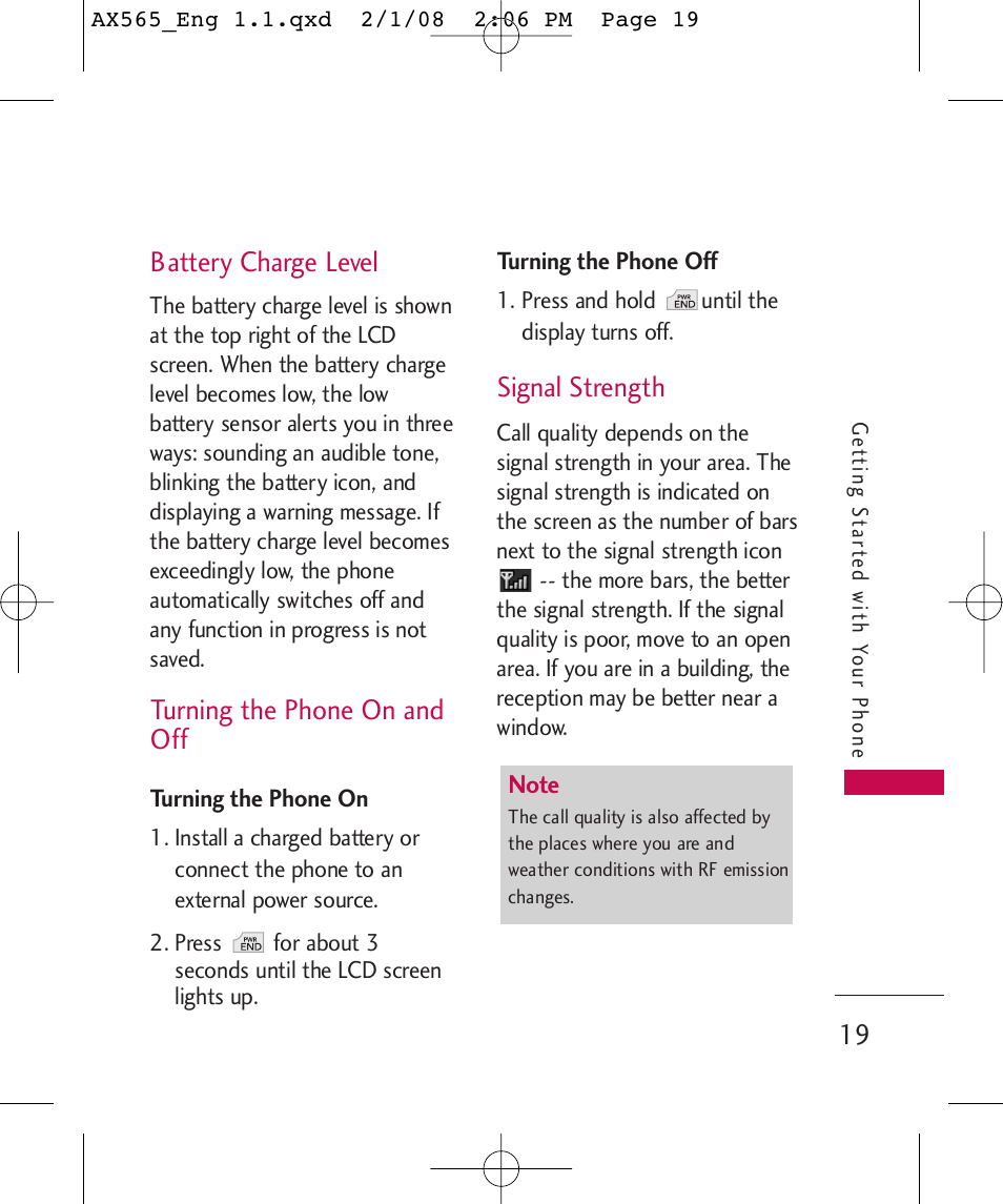 Battery charge level, Turning the phone on and off, Signal strength | LG LGAX565 User Manual | Page 19 / 121