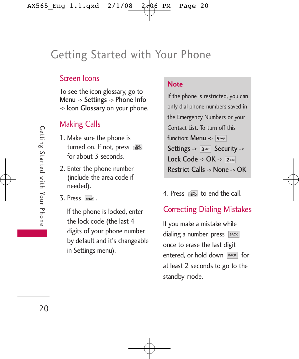 Getting started with your phone, Screen icons, Making calls | Correcting dialing mistakes | LG LGAX565 User Manual | Page 20 / 121