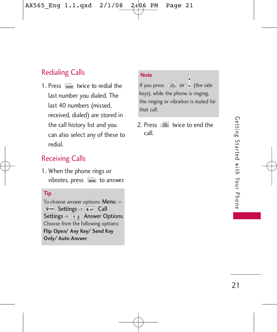 Redialing calls, Receiving calls | LG LGAX565 User Manual | Page 21 / 121