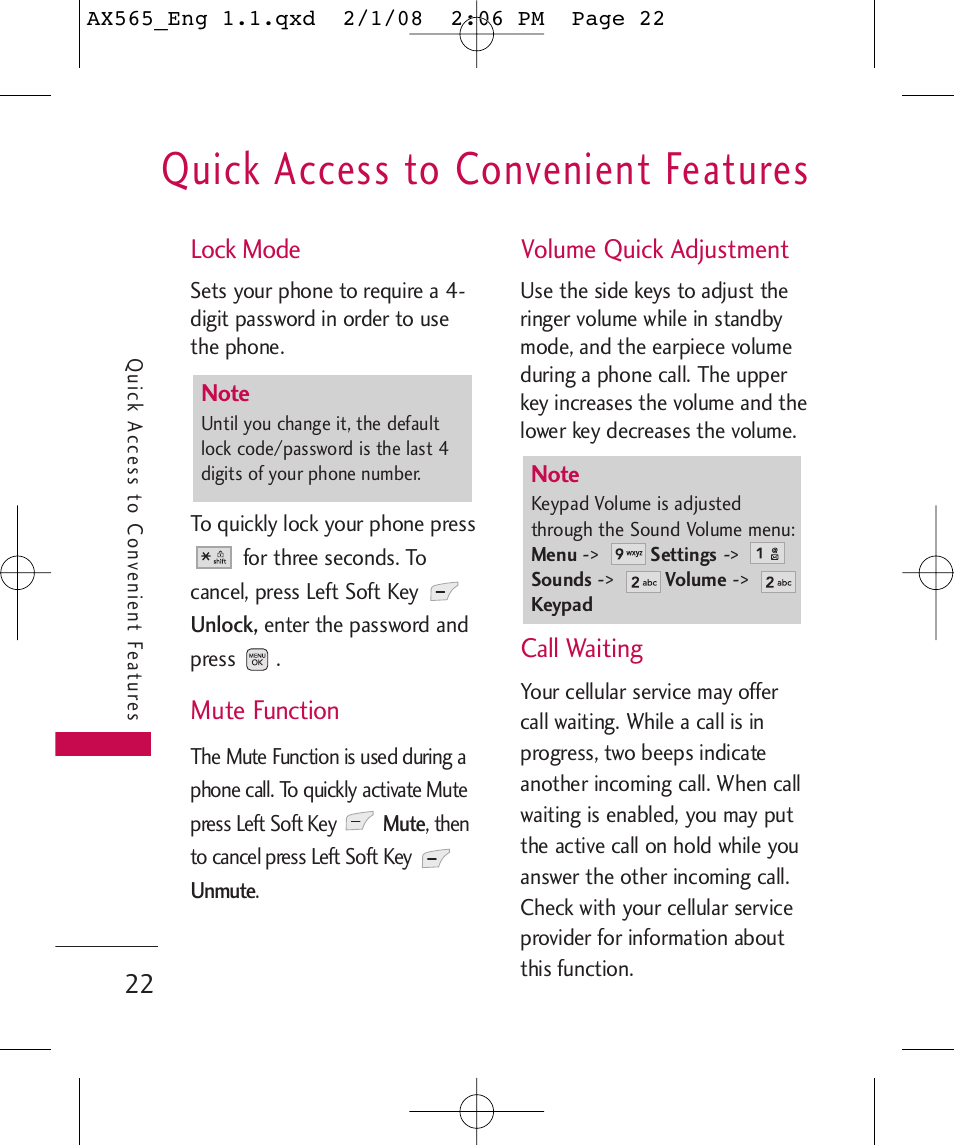 Quick access to convenient features, Lock mode, Mute function | Volume quick adjustment, Call waiting | LG LGAX565 User Manual | Page 22 / 121