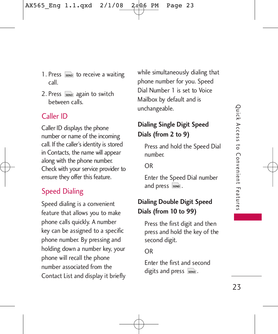 Caller id, Speed dialing | LG LGAX565 User Manual | Page 23 / 121