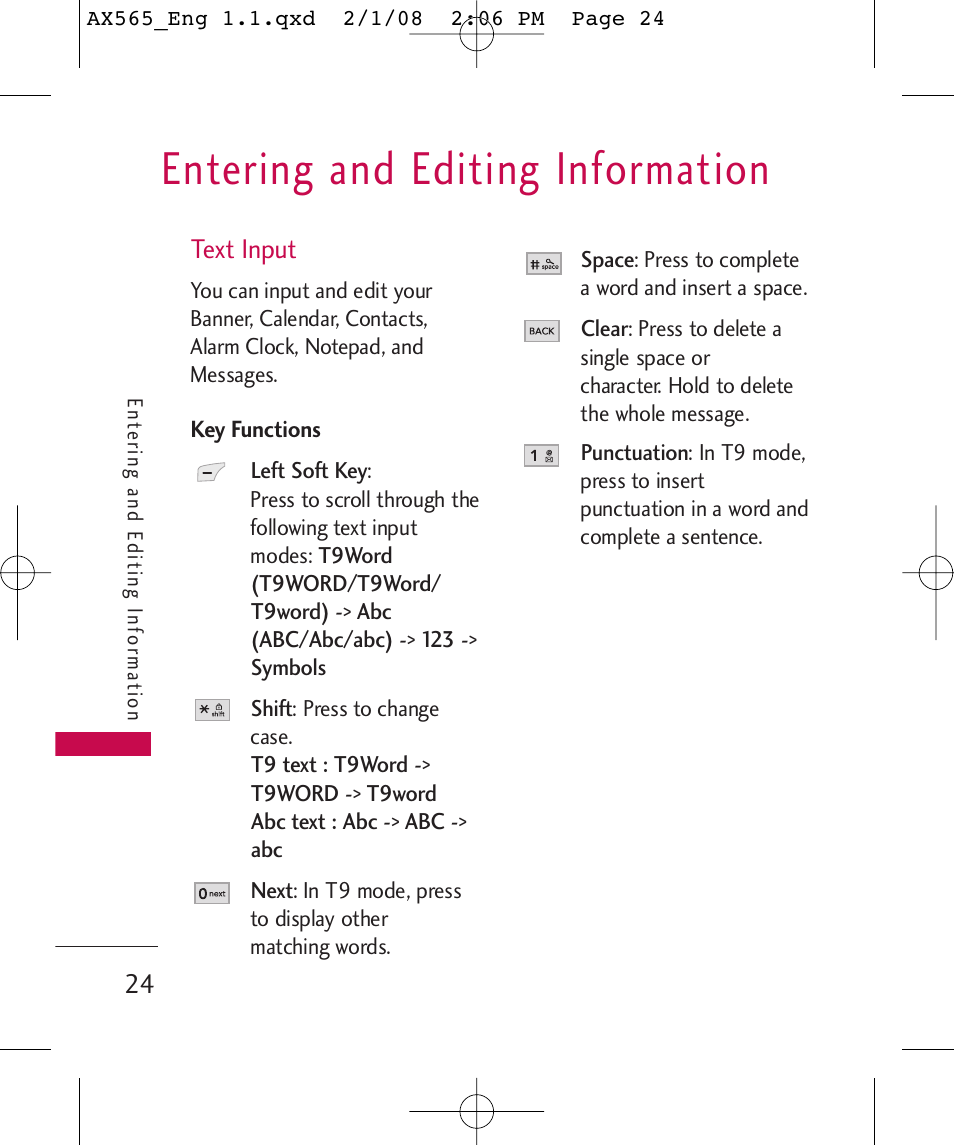 Entering and editing information | LG LGAX565 User Manual | Page 24 / 121