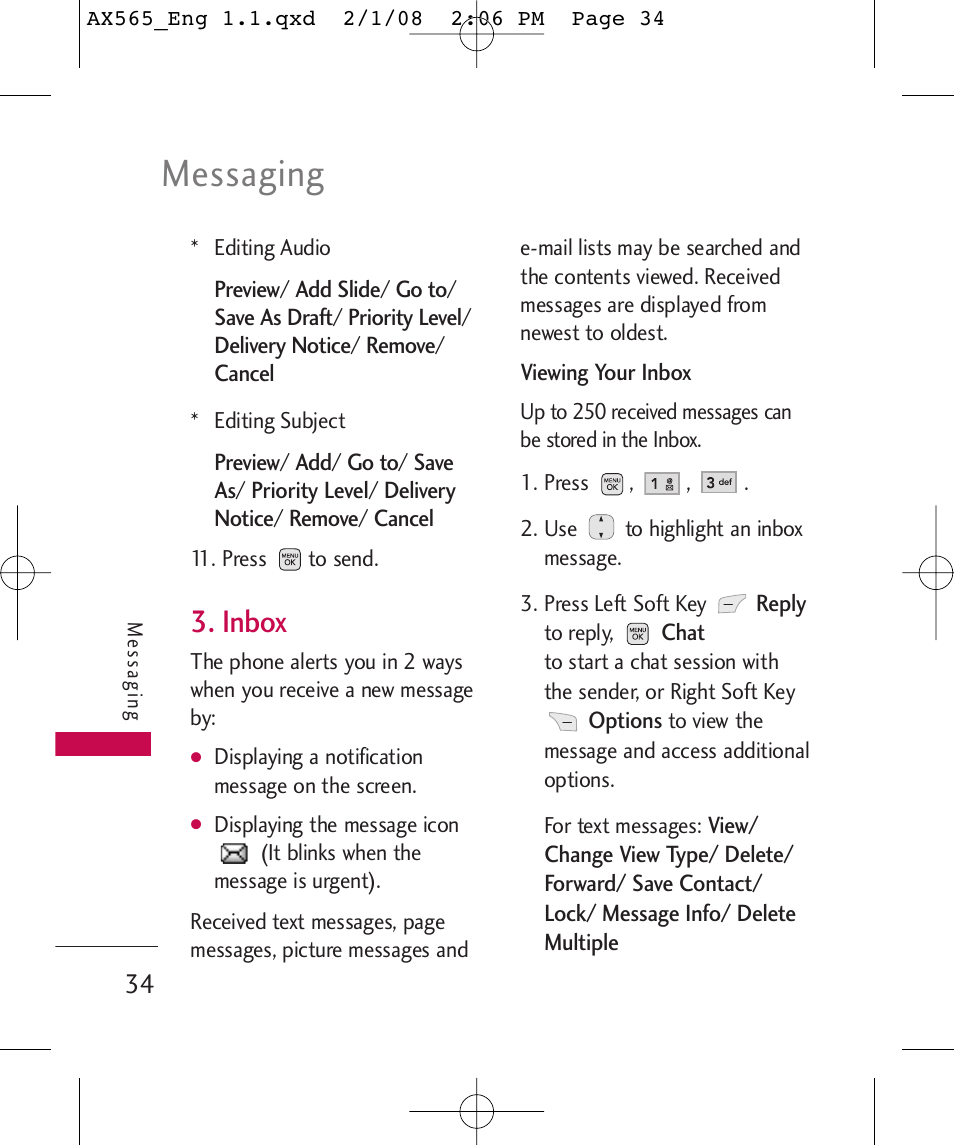 Messaging, Inbox | LG LGAX565 User Manual | Page 34 / 121