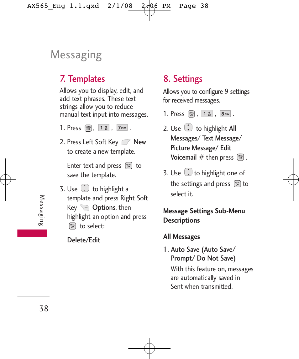 Messaging, Templates, Settings | LG LGAX565 User Manual | Page 38 / 121