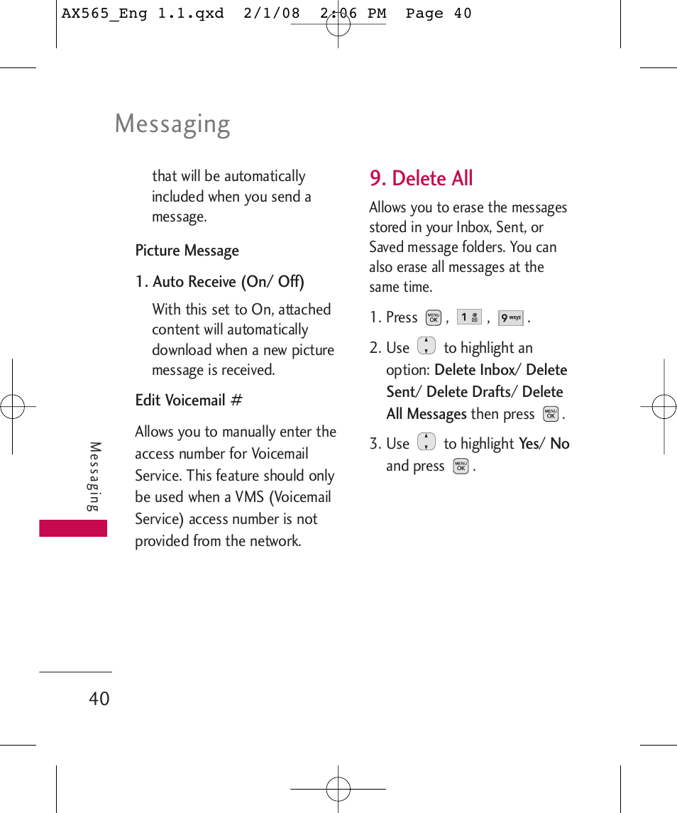 Messaging, Delete all | LG LGAX565 User Manual | Page 40 / 121