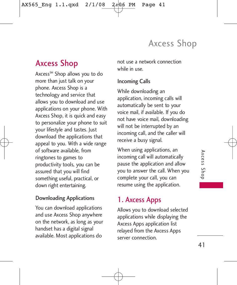 Axcess shop, Axcess apps | LG LGAX565 User Manual | Page 41 / 121