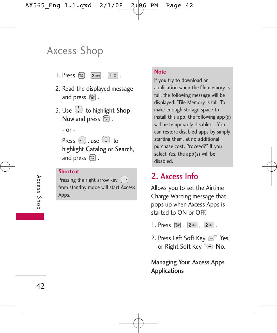 Axcess shop, Axcess info | LG LGAX565 User Manual | Page 42 / 121