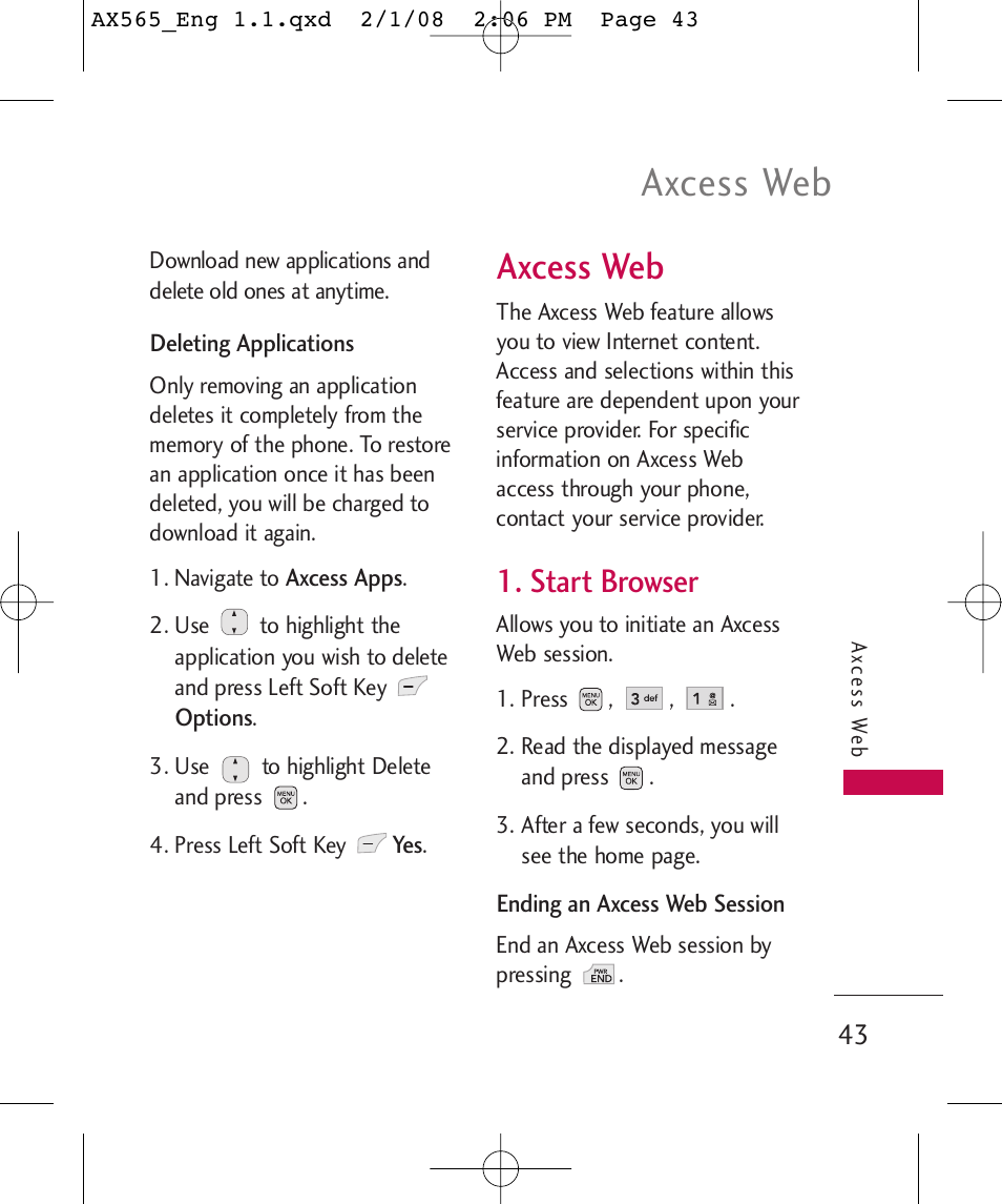 Axcess web, Start browser | LG LGAX565 User Manual | Page 43 / 121