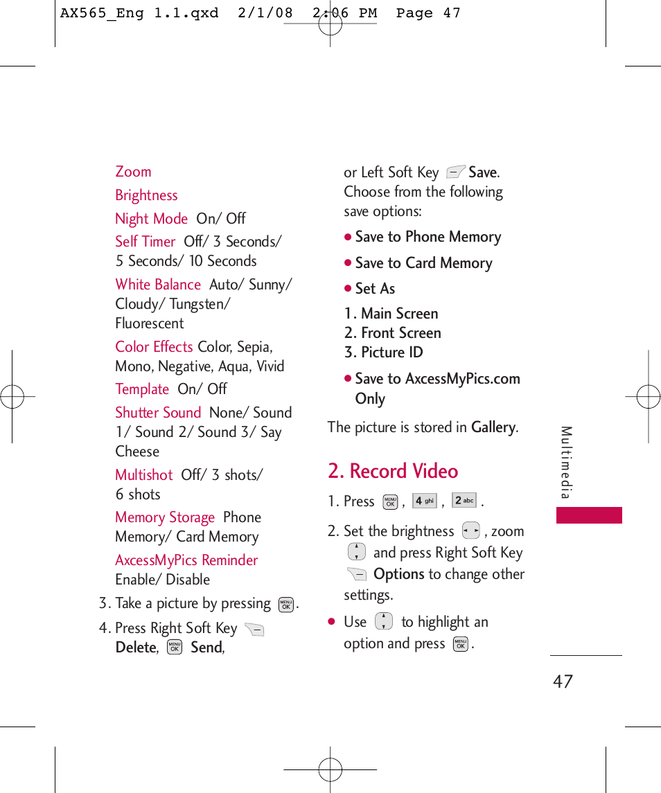 Record video | LG LGAX565 User Manual | Page 47 / 121