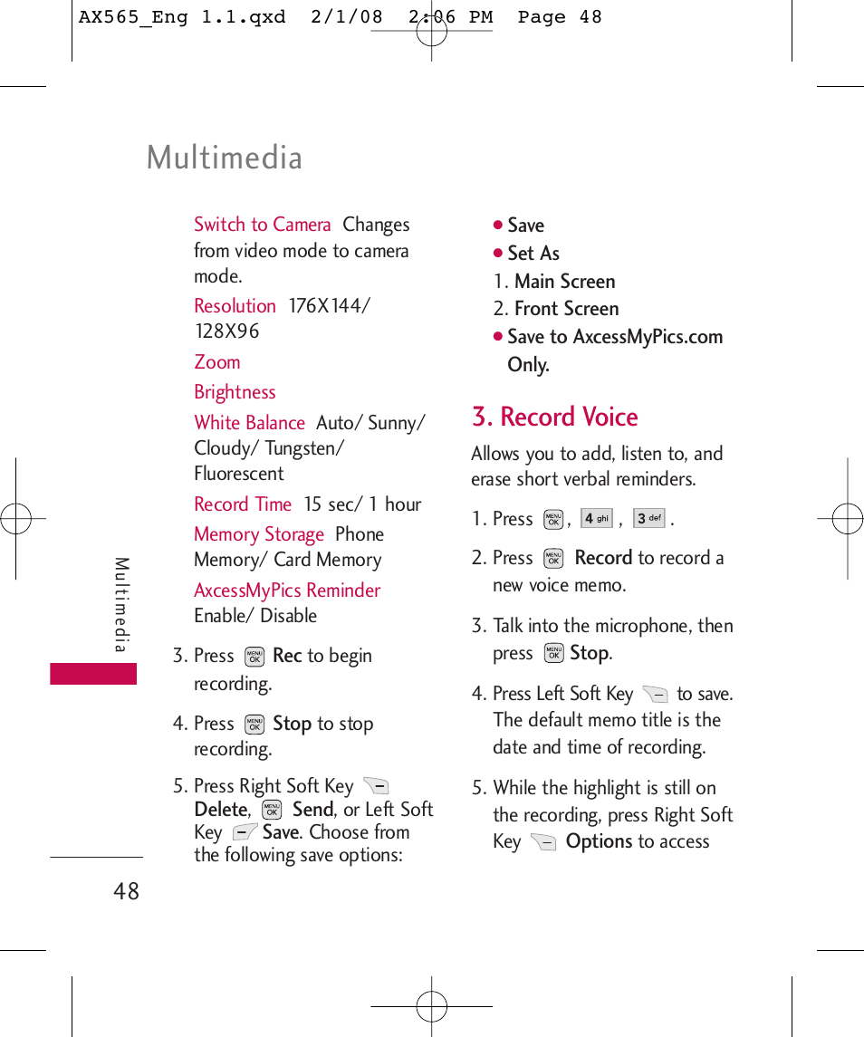 Multimedia, Record voice | LG LGAX565 User Manual | Page 48 / 121