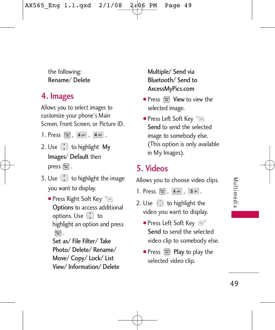 Images, Videos | LG LGAX565 User Manual | Page 49 / 121