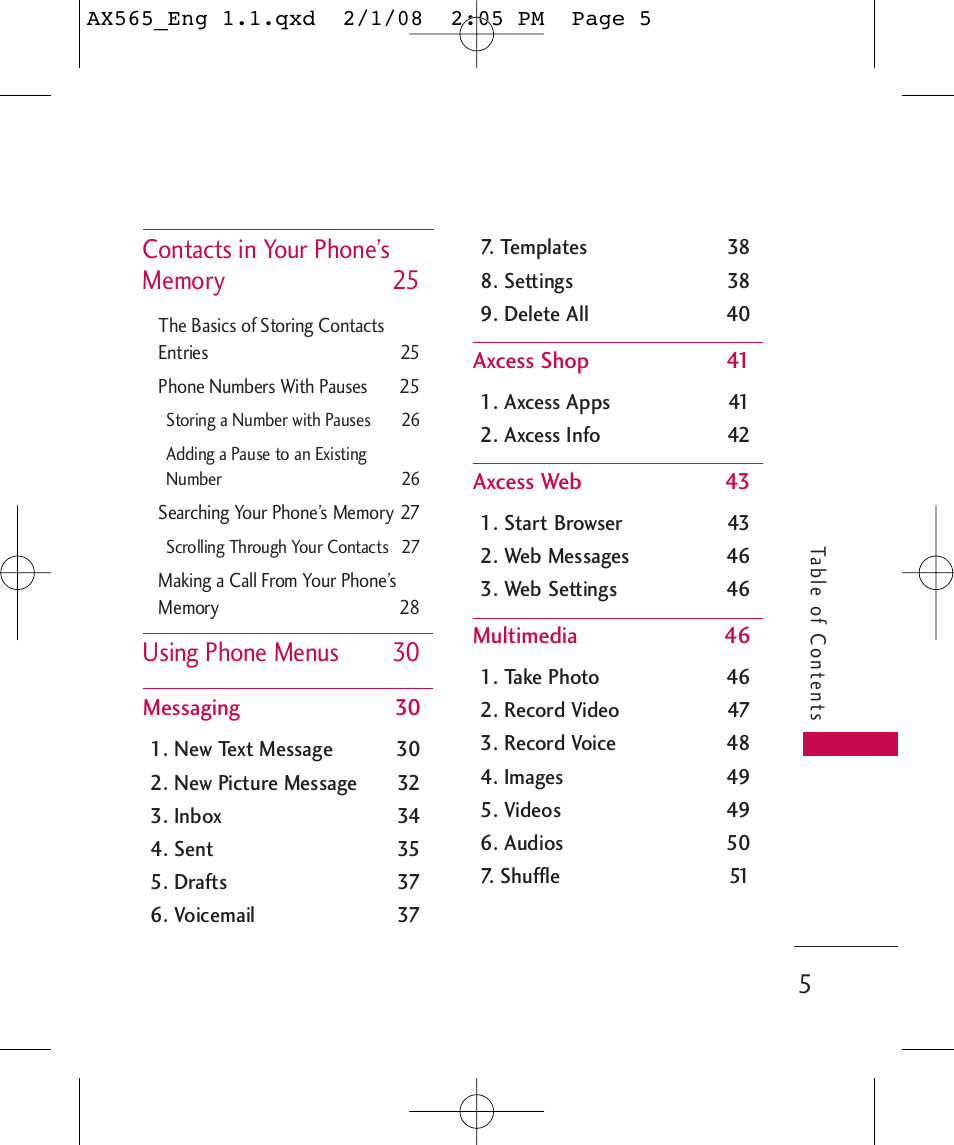 Using phone menus 30 | LG LGAX565 User Manual | Page 5 / 121