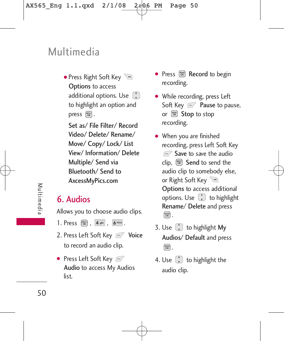 Multimedia, Audios | LG LGAX565 User Manual | Page 50 / 121