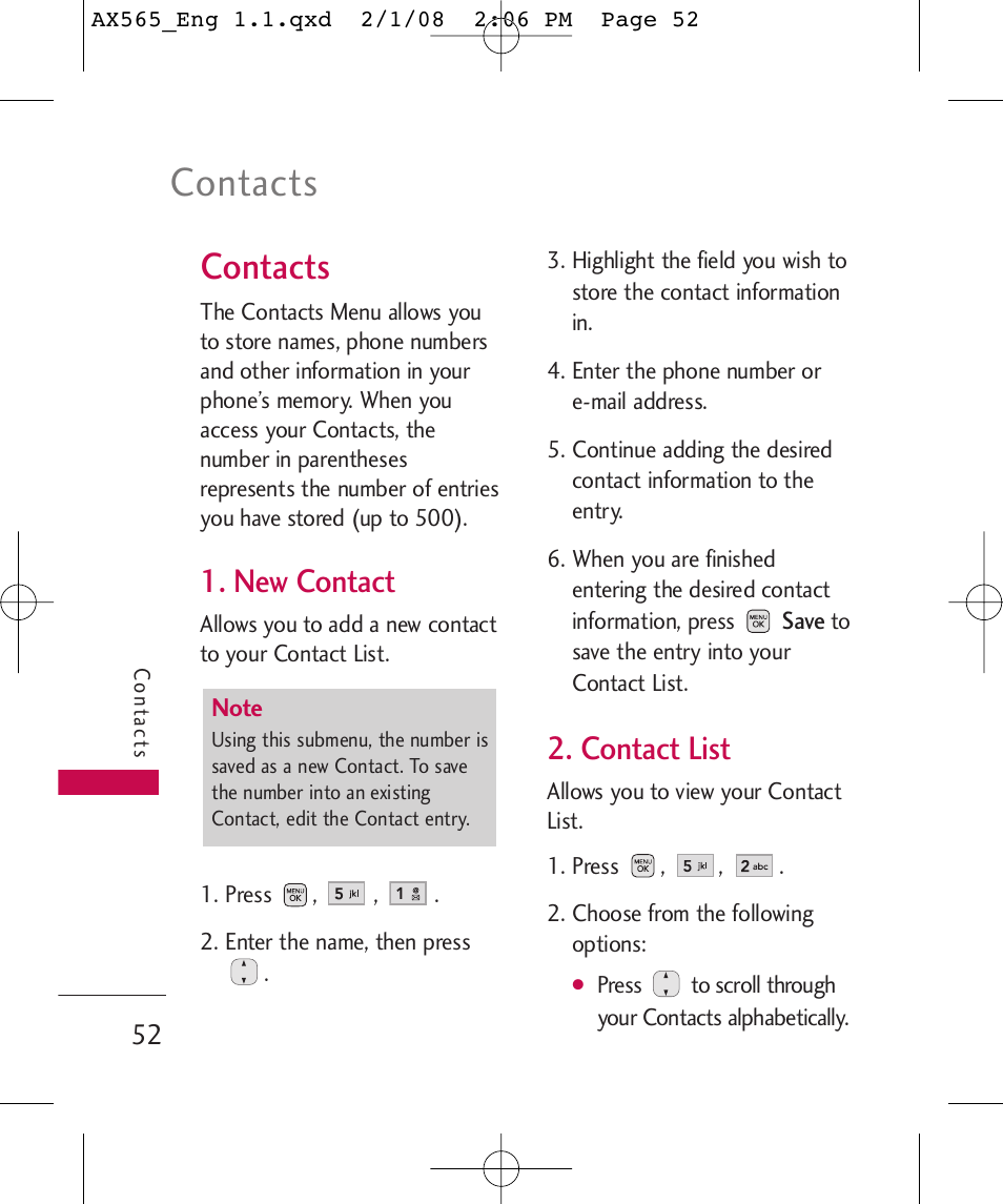 Contacts, New contact, Contact list | LG LGAX565 User Manual | Page 52 / 121