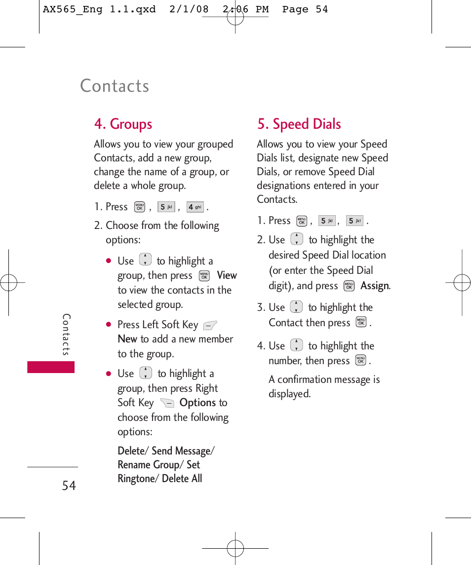 Contacts, Groups, Speed dials | LG LGAX565 User Manual | Page 54 / 121