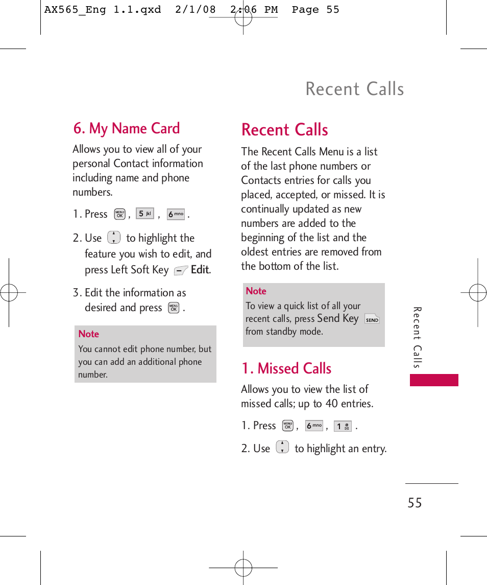 Recent calls, My name card, Missed calls | LG LGAX565 User Manual | Page 55 / 121