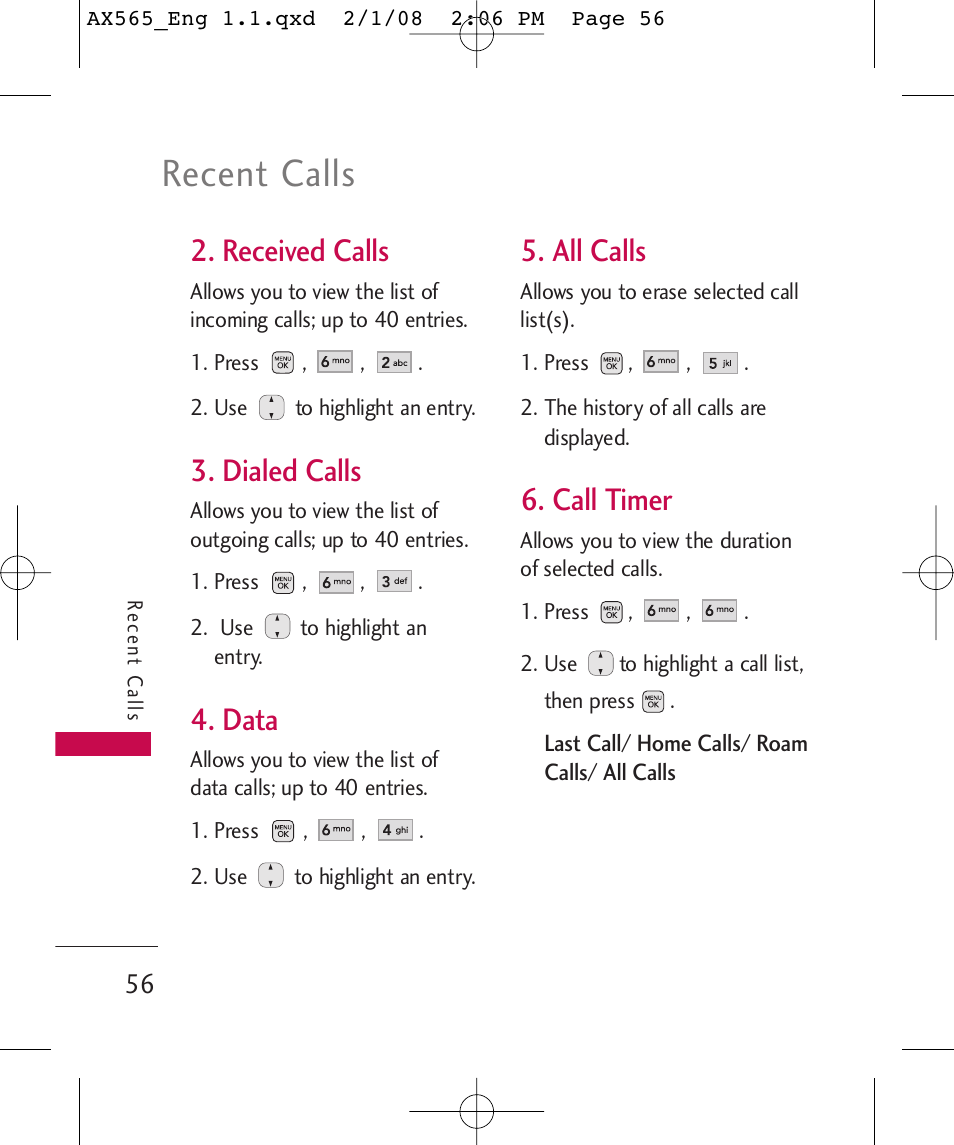 Recent calls, Received calls, Dialed calls | Data, All calls, Call timer | LG LGAX565 User Manual | Page 56 / 121